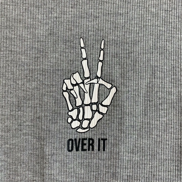 Rue21 Womens NWT Over It Skeleton Peace Sign Hand Ribbed T-Shirt in Grey - Picture 2 of 3